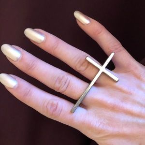Two-Finger Silver Cross Ring